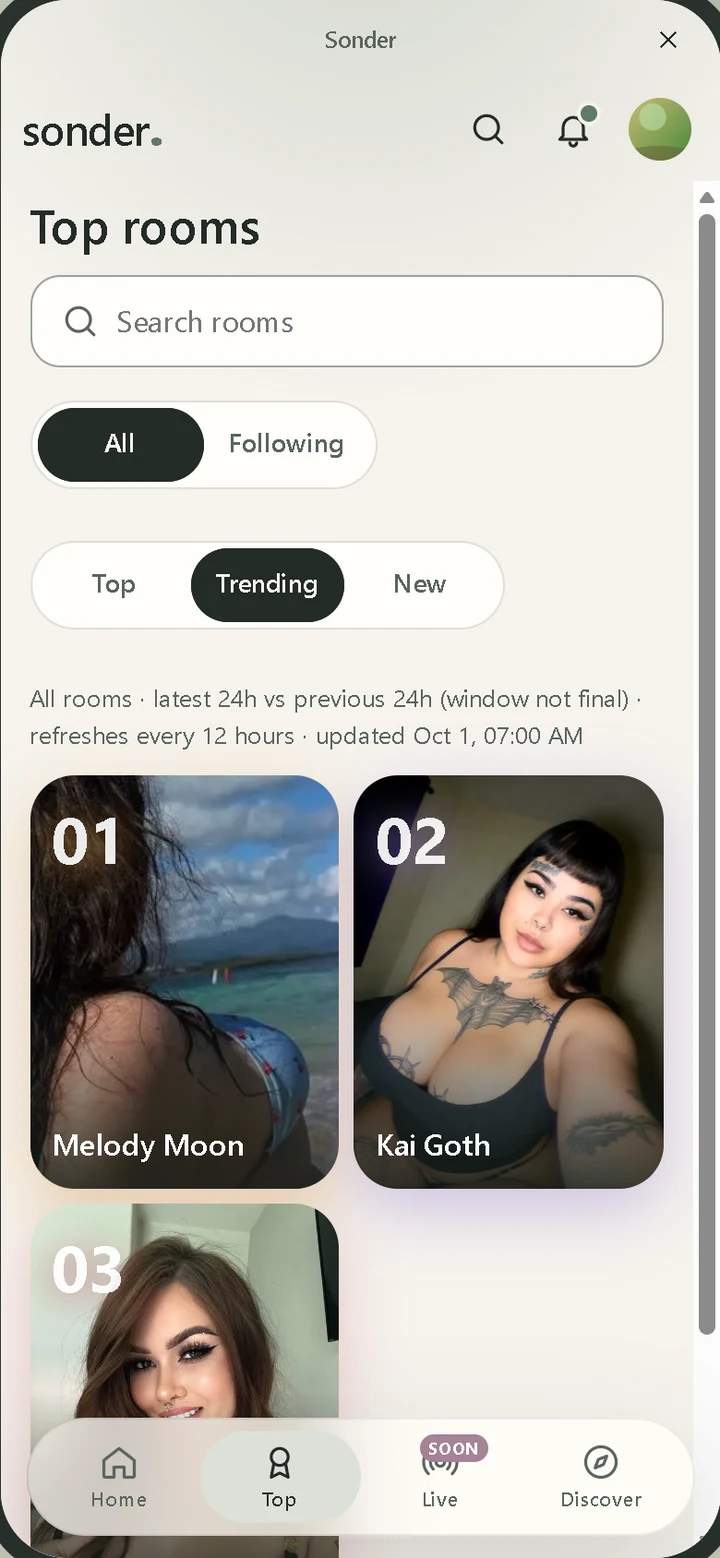 Sonder Trending screen: Melody Moon, Kai Goth and Kylie Jordan (example order)