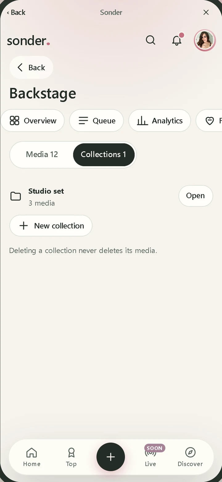 Sonder Vault screen: collections, and deleting a collection never deletes its media